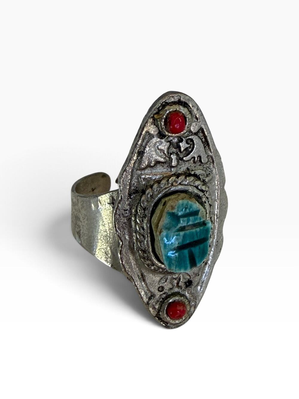 Vtg Egyptian Revival Scarab Ring Silver Tone Faux Turquoise Coral Cocktail Ring